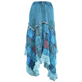 Gheri Women's Bohemian Cotton Patchwork Pixie Skirt with Lace Hem, blue