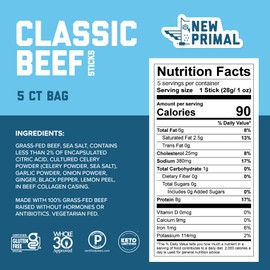 The New Primal Grass Fed Beef Sticks, Keto, Gluten Free Healthy Snacks for Adults, Sugar Free Low Carb High Protein Snack, Paleo Whole30 Jerky Meat Stick, 8g Protein, 90 Calories, 5 Pack