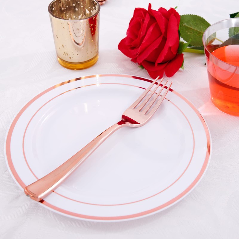 WDF 300 Pieces Rose Gold Plastic Silverware- Disposable Flatware Set