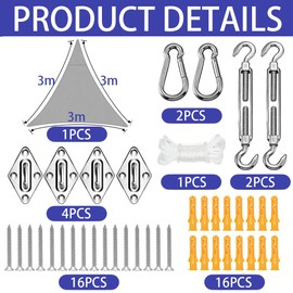 Triangular sun sail, 3 x 3 x 3 m, triangular awning, waterproof, triangle awning, waterproof and UV protection, patio sun protection with awning attachment set