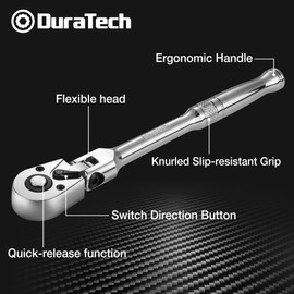 DURATECH 1/4" Drive Flex-Head Ratchet, 72-Tooth Ratchet Wrench, Quick-release, Reversible Switch, Full-Polished Chrome Plating, Alloy Steel