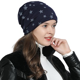 DonDon Slouch Beanie hat Women Winter hat lined with stars print - Dark blue