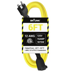 BN-LINK 6ft Outdoor Extension Cord, 12/3 SJTW Heavy Duty Power Cord, 3-Prong Grounded Plug, Weather Resistant, 15A, 1875W, Yellow, for Lawn, Garden, Appliances, ETL Listed