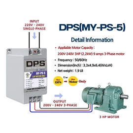 DPS Sinlge Phase to 3 Phase Converter, 5HP, 15A, Input/Output 200V - 240V My-PS-5 Model Must Be Used for 3HP(2.2kW) 9A Motor, DPS Must Be Used for 1 Motor Only, UL-Listed