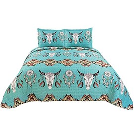 Western Peak Bull Skull Native Tribal Feather Artisan Southwestern Boho Design Quilt Bedding Set with Pillows (3 Piece Turquoise Set, King)