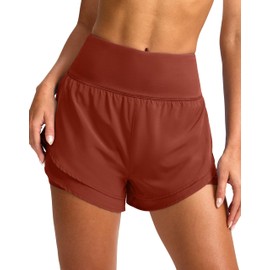 SANTINY - Pantalones cortos para correr 2 en 1 con bolsillos de 3 pulgadas, cintura alta, para ejercicio, entrenamiento, atléticos para mujer con forro, Savannah, X-Small