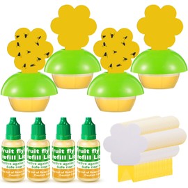 Qualirey Fruit Fly Trap for Indoors, 4 Pack Fruit Fly Trap with 4 Refill Liquid and 60 Yellow Sticky Pads, Safe Near Pets, Food and Kids, Fruit Flies Lure Liquid Trap for Home Kitchen