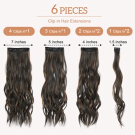 Clip in Hair Extensions for Women, Natural Balayage Dark Brown to Chestnut, 24 Inch 6PCS Hairpieces Long Wavy Soft Hair Extensions clip ins
