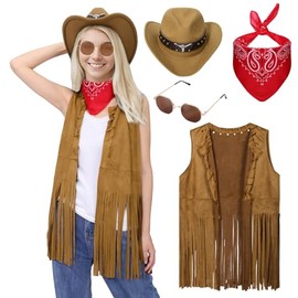 Raveparty Cowgirl Outfits for Women, Cowgirl Costume, Cow Girl Outfit Women with Jacket Hat Sunglasses Square Scarf Western Clothing for Womens (Brown-2, S)