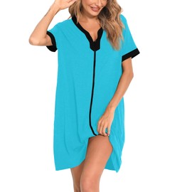 SWOMOG Women Zipper Front House Coat Short Sleeves Robe Zip up Bathrobes Short Nightgown with Pockets S-3XL Peacock Blue Large