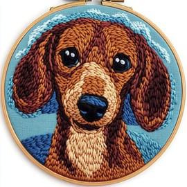 DIY Punch Needle Kits for Beginners Cute Cartoon Brown Dachshund Dog with Hoop Embroidery Punch Needle Starter Craft Set Easy for Adults and Children Festival Gift and Decoration 20x20cm-6