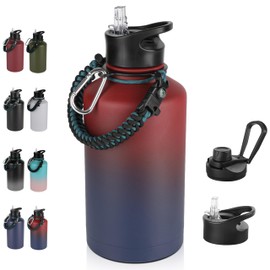 64 oz Insulated Water Bottle with Straw & Spout Lids, Stainless Steel Metal Half Gallon Water Jug with Paracord Handle, Double Wall Vacuum, Leakproof, Keep Drinks Cold & Hot, Ruby Purple Gradient