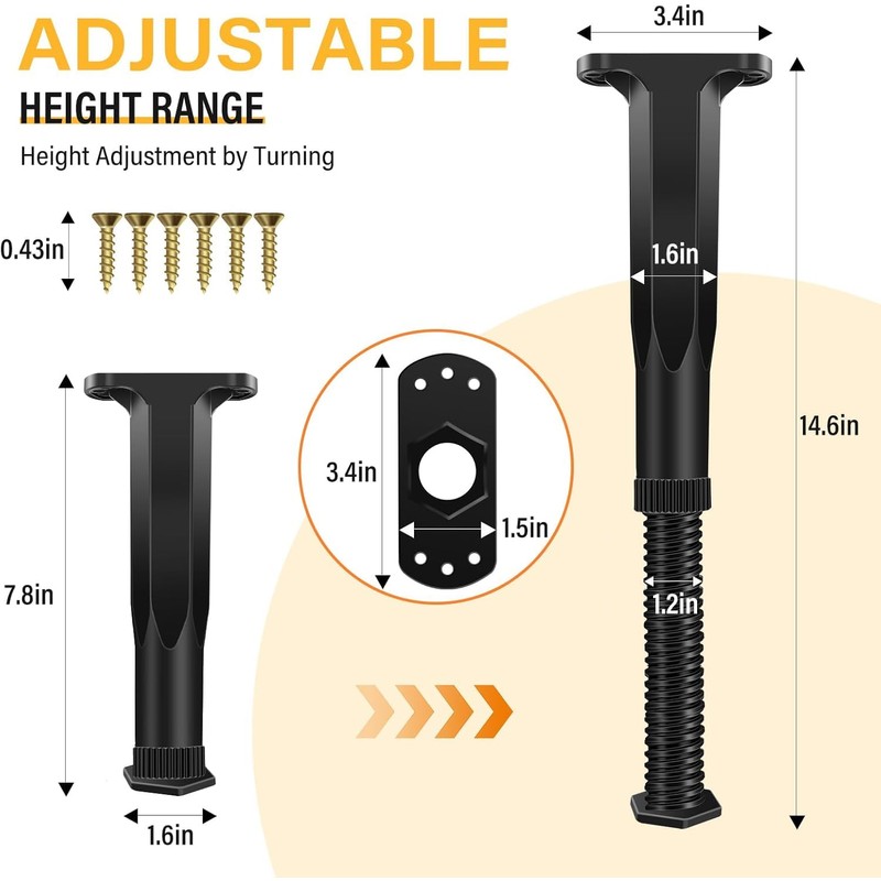 6 PCS Adjustable Height Bed Frame Support Legs - 7.8-14.6inch