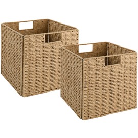 Vagusicc Wicker Baskets, Set of 2 Hand-Woven Storage Baskets for Shelves with Handles, Foldable Cube Wicker Storage Basket Bins Organizer 13 Inches Large Woven Baskets for Storage Organizing & Decor