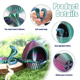 3D Printed Snake Egg Toys with Fidget Snake Inside, 24'' 3D Articulated Snake in Easter Egg, Figures Decor Home Office (Blue)