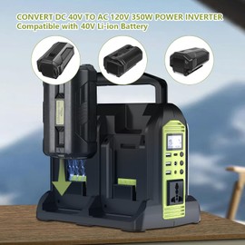 350W Power Inverter 2 Port Pure Sine Wave Inverter Compatible with Ryobi 40V Li-ion Battery, DC 40V to AC 120V with AC Outlet, USB Port, Type-C Port, 300LM LED Light for Camping Emergency