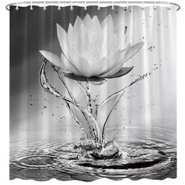 BCNEW Lotus Shower Curtain Black White Grey Flower Elegant Blooming Floral with Dew Spring Flower Reflection on Water Modern Romantic Polyester Fabric Bathroom Decor 70×70 Inch with Hook