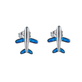 Cute Opal Airplane Small Stud Earrings for Women Sterling Silver Plated Aircraft Plane Cartilage Hypoallergenic Studs Earring Minimalist Jewelry Birthday Vacation (Blue)