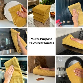 Gold Yellow Textured Kitchen Dish Towels 100% Cotton Cloth Soft Cleaning Drying Absorbent Terry Loop: Set of 3 Multipurpose for Everyday Use