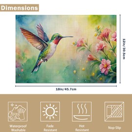 Watercolor Hummingbird Flowers Placemats Set of 6 Linen Table Mats, 12x18 Inch Washable Placemats for Dining Table, Non Slip Heat Resistant Mats for Kitchen Home Decor