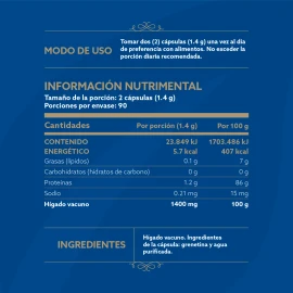 Hígado Vacuno De Res 180 Cápsulas 1400 Mg. B Life Sin Sabor