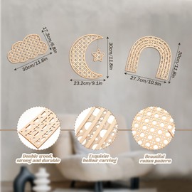 Geetery Boho Wooden Rainbow Nursery Decor Cloud Decor Moon Decor Ornaments, Boho Cloud Baby Room Wall Decor for Nursery Boho Wooden Rattan Moon and Stars Nursery Decor for Baby Girl or Baby Boy