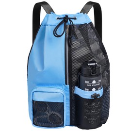 CHEPULA Swim Bag Mesh Drawstring Backpack with Wet Pocket, Waterproof Gym Bags for Beach Swimming Pool Gym Workout Men Women (Blue)
