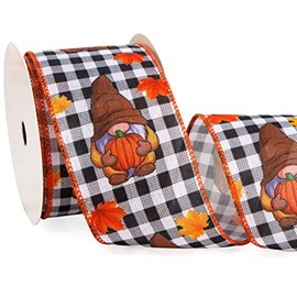 Ribbli Fall Ribbon Wired, Thanksgiving Ribbon- Gnome with Pumpkin Buffalo Plaid Ribbon 2.5 Inch x 10 Yard, Fall Ribbon for Wreath, Big Bow,Outdoor Decoration