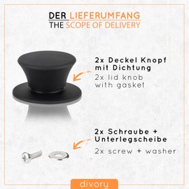 DIVORY Universal-Ersatzknöpfe für Topfdeckel – Hitzebeständige Silikon Pfannendeckel Haltegriffe, weich, rutschfeste Knöpfe für Kochgeschirr-Deckel und -Abdeckungen (2er-Pack, Schwarz)