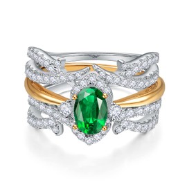 Yaresul 3pcs Bridal Rings Set for Woman, Created Emerald Cubic Zirconia Fake Diamond Rings, Gold Rings for Woman, Size J-½