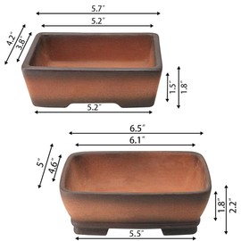 MUZHI 2 Pack Handmade Color Gradational Terracotta Bonsai Pot 6 Inch and 7 Inch with Drip Tray, Breathable Unglazed Rectangle Ceramic Planter for Tree Succulent Cactus