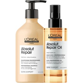 L'Oréal Professionnel Absolut Repair Kit | Tratamiento en Aceite 10 en 1 90ml + Shampoo 500ml | Repara y Nutre el Cabello Grueso y Dañado | Recupera la Suavidad y el Brillo | Con Tecnología Gold Quinoa + Proteína | Para un Cabello Visiblemente Saludable