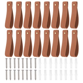 sourcing map 16pcs Leather Curtain Rod Holder 11 x 1 Inches Wall Hanging Straps Curtain Rod Hook Brackets Hangers with Screws for Bathroom Kitchen Bedroom, Dark Brown