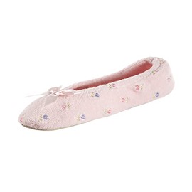 isotoner Womens Embroidered Terry Ballerina Slipper, Pink, Small