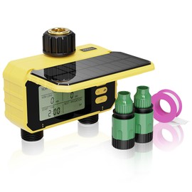 Sprinkler Timer, Solar Energy Water Timer for Garden Hose, Outdoor 2 Zone Hose with Rain Delay/Automatic/Manual Watering System, Digital Programmable Faucet Timing Irrigation for Lawn, Yard(No WiFi)