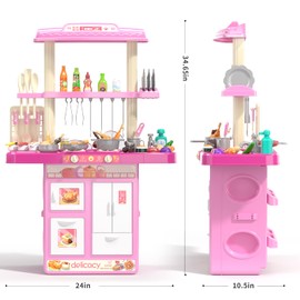 TEMI Kitchen Playset | 2-in-1 Kids Kitchen & Grill Playset, Play Kitchen with 60Pcs Toy Accessories Set, Real Sounds and Light | Pretend Play Set for 3+ Year Old Kids, Girls & Boys