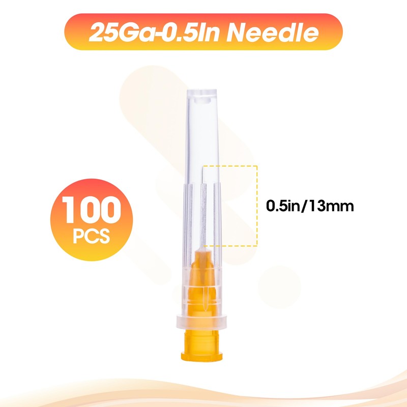 100 Pack 25 Gauge 1/2 Inch Needle 13mm with Cap,