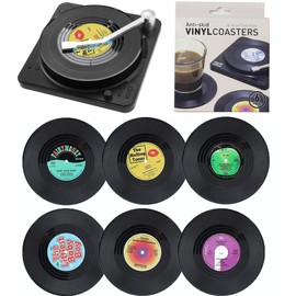 Litensh 6pcs Retro CD Vinyl Record Coasters, Non-Slip Rubber Drink Mats Coaster Record Insulated Round Tea Coffee Cup Drinks Mats Tabletop Protection Prevents Slipping Holder