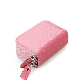 AprinCtempsD RFID Protection Women's Credit Card Case Men's Credit Card Holder Genuine Leather Wallet Small Wallet with 2 Zip, Pink, S, Casual