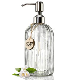 JASAI 18 Oz Clear Glass Soap Dispenser with Rust Proof Stainless Steel Pump, Refillable Liquid Hand Soap Dispenser for Bathroom, Premium Kitchen Soap Dispenser (Clear).