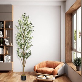 Artificial Olive Tree 7Ft/6Ft/5Ft Tall Faux Silk Plant for Home Office Decor Indoor Fake Potted Tree with Natural Wood Trunk and Lifelike Fruits Decorative Ornaments Wooden:_7ft_1