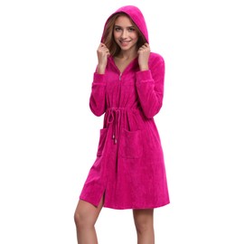 Navisting Women Terry Cloth Zipper Robe Zip Up Bathrobes with Pockets Hooded Cotton Housecoat Nightgown Loungewear Sleepwear Magenta XL