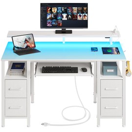 Seventable Computer Desk 55.1" with LED Lights & Power Outlets, Home Office Desk with 4 Drawers, Writing Desk with Keyboard Tray, Study Desk with Monitor Stand, Work Desk for Home Office, White