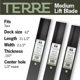 Terre Products 3 PK Med Lift Lawn Mower Blades 62” Deck, Compatible with Toro