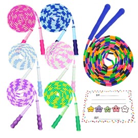 1PCS 16 FT Long Double Dutch + 6PCS 9 FT Adjustable Soft Beaded Jump Ropes (6 Colors) Tangle-Free Segmented Skipping Rope for Kids Adults Set with Greeting Card Perfect for Party Gifts Favors PE Class Family Fun Games