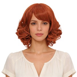 incohair Short Orange Red Curly Wig for Women with Bangs, Shoulder Length Ginger Wigs Natural Look Hair for Daily Party Use