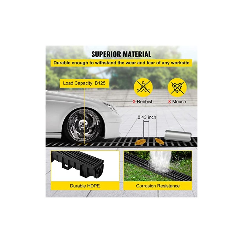 VEVOR Trench Drain System with Plastic Grate, 5.9x5.1-Inch HDPE Channel