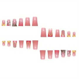 Duck Mouth Press on Nails Medium Square Fake Nails French Tips Glue on Nails with Star Rhinestone Charms Designs Duck Nail Tips 24Pcs Glossy Full Cover Glue on Nails for Women Acrylic Nails