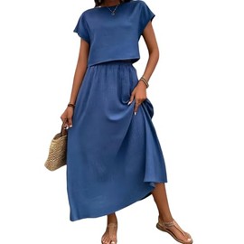 MINTLIMIT Womens Summer Skirt Sets 2 Piece Outfits 2025 Cap Sleeve Top Elastic Waist Maxi Dress Sets with Pockets