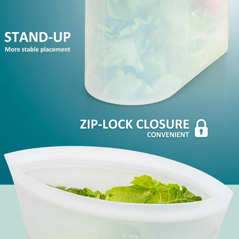12-Pack Reusable Silicone Food Storage Bags, 100% Silicone Stand-Up Wide-Open